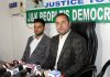 PDP leader Parvez Wafa addressing a press conference at party head office in Jammu.