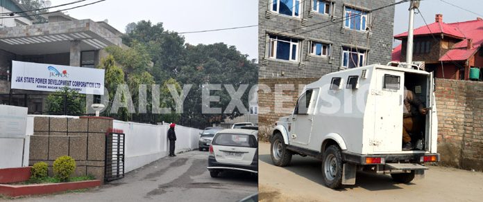 Guest House-cum-residence of Yasha Mudgal in Satwari, Jammu (left) and former DC Farooq Khan’s house at Rajbagh, Srinagar (right) during searches by the CBI on Monday. —Excelsior pics by Rakesh & Shakeel