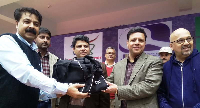 Div Com Jammu Sanjeev Verma being presented a memento during visit at MA Stadium on Wednesday. Div Com Jammu Sanjeev Verma being presented a memento during visit at MA Stadium on Wednesday.