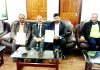 Registrar, University of Jammu Prof Rajnikant, Pranav Prabhu, CEO EUSAI, Prof Manoj K Dhar, VC JU and Dr Daud Iqbal Baba, Director Directorate of Sports and Physical Education during signing of MoU.