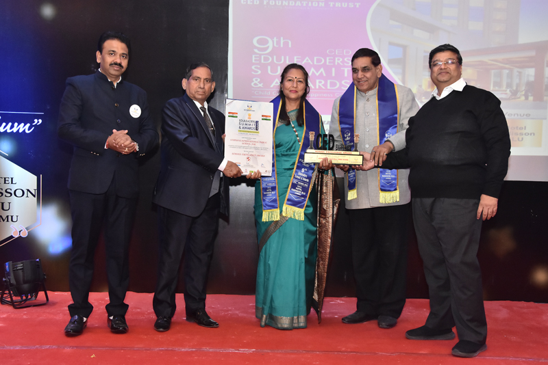Rama Jamwal, Administrator SIPS receiving 'School Excellence Award' at Jammu on Monday. Rama Jamwal, Administrator SIPS receiving 'School Excellence Award' at Jammu on Monday.