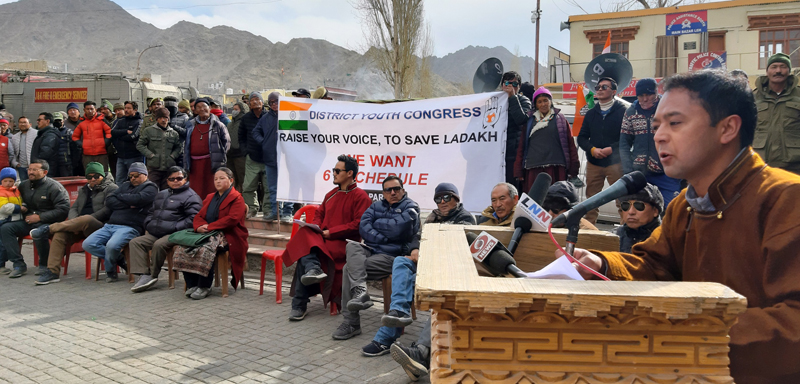 District Youth Congress president, Dorjay Gyaltsan addressing a gathering at Leh on Wednesday. — Excelsior/ Stanzin District Youth Congress president, Dorjay Gyaltsan addressing a gathering at Leh on Wednesday. — Excelsior/ Stanzin