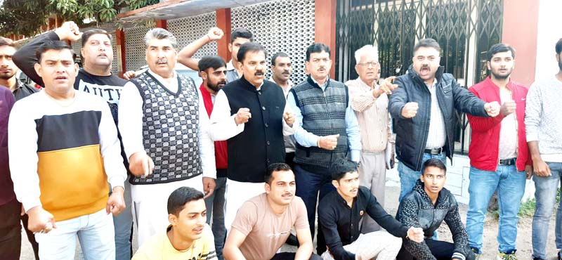 NPP leaders and workers staging protest in Jammu on Sunday. NPP leaders and workers staging protest in Jammu on Sunday.