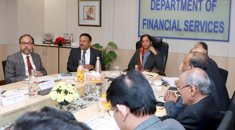 Union Minister for Finance and Corporate Affairs, Nirmala Sitharaman holding a review meeting of the banking sector with CMDs of Public Sector Banks, in New Delhi on Saturday. Union Minister for Finance and Corporate Affairs, Nirmala Sitharaman holding a review meeting of the banking sector with CMDs of Public Sector Banks, in New Delhi on Saturday.