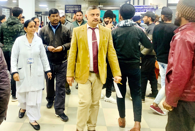 Amit Sharma, Administrator GMC Jammu and Associated Hospitals taking round of emergency block during midnight of Saturday. Amit Sharma, Administrator GMC Jammu and Associated Hospitals taking round of emergency block during midnight of Saturday.