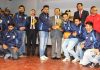 Trophy being awarded to the winners by the chief guest, RK Bhatnagar at Police Auditorium in Jammu.