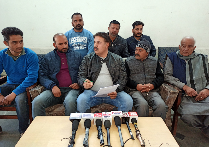 Sarpanches at a press conference at Samba on Friday. -Excelsior/Badyal Sarpanches at a press conference at Samba on Friday. -Excelsior/Badyal