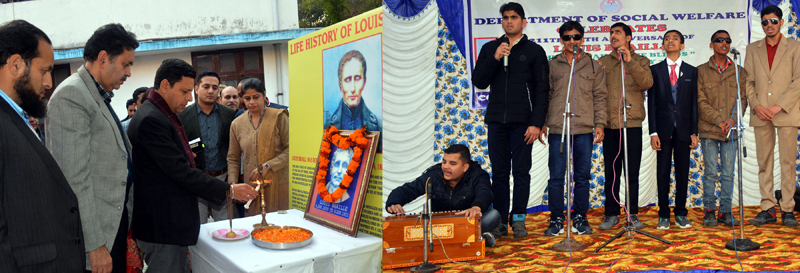 Div Com Sanjeev Verma inaugurating Louis Braille Day function (L), specially abled persons presenting cultural programme in Jammu on Saturday (R). Div Com Sanjeev Verma inaugurating Louis Braille Day function (L), specially abled persons presenting cultural programme in Jammu on Saturday (R).