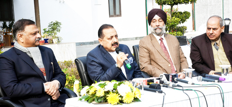Union Minister Dr Jitendra Singh, flanked by Union Secretary DoPT & ARPG C. Chandramouli and Union Secretary for Northeast Inderjit Singh, addressing a press conference at New Delhi. Union Minister Dr Jitendra Singh, flanked by Union Secretary DoPT & ARPG C. Chandramouli and Union Secretary for Northeast Inderjit Singh, addressing a press conference at New Delhi.