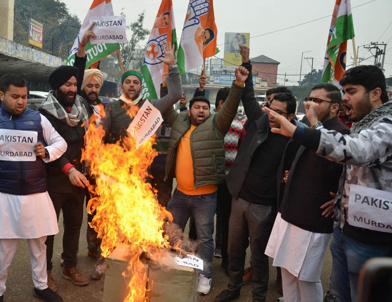 PYC activists staging protest against Pak in Jammu on Monday. PYC activists staging protest against Pak in Jammu on Monday.
