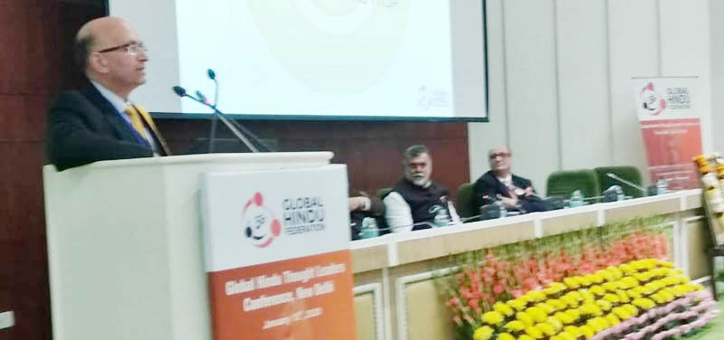 A speaker addressing Global Hindu though leaders conference in New Delhi on Sunday. A speaker addressing Global Hindu though leaders conference in New Delhi on Sunday.