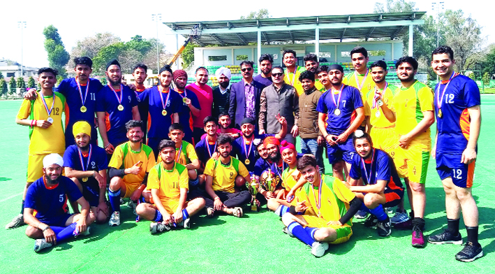 Winners of Intra-Zone (A) Hockey title posing along with dignitaries and officials in Jammu on Tuesday. Winners of Intra-Zone (A) Hockey title posing along with dignitaries and officials in Jammu on Tuesday.