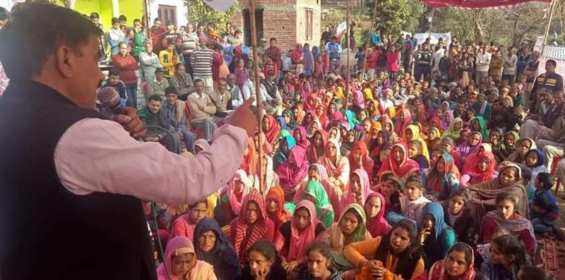 NPP chairman Harsh Dev Singh addressing public meeting in Ramnagar on Monday. NPP chairman Harsh Dev Singh addressing public meeting in Ramnagar on Monday.