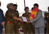 ADGP Armed J&K AK Choudhary, IGP Armed/IRP Jammu Zone Danesh Rana and Randheer Singh, SSP, Commandant of the IRP-19th Battalion awarding an officer, who attains superannuation.