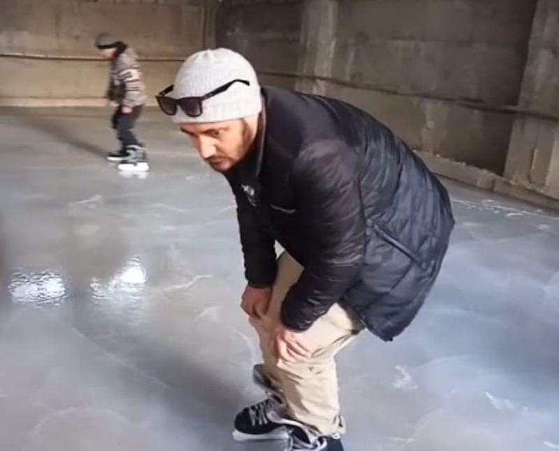 Ice Ski trainee at Kargil's First Indoor Ski Rink on Friday. —Excelsior/Basharat Ladakhi Ice Ski trainee at Kargil's First Indoor Ski Rink on Friday. —Excelsior/Basharat Ladakhi