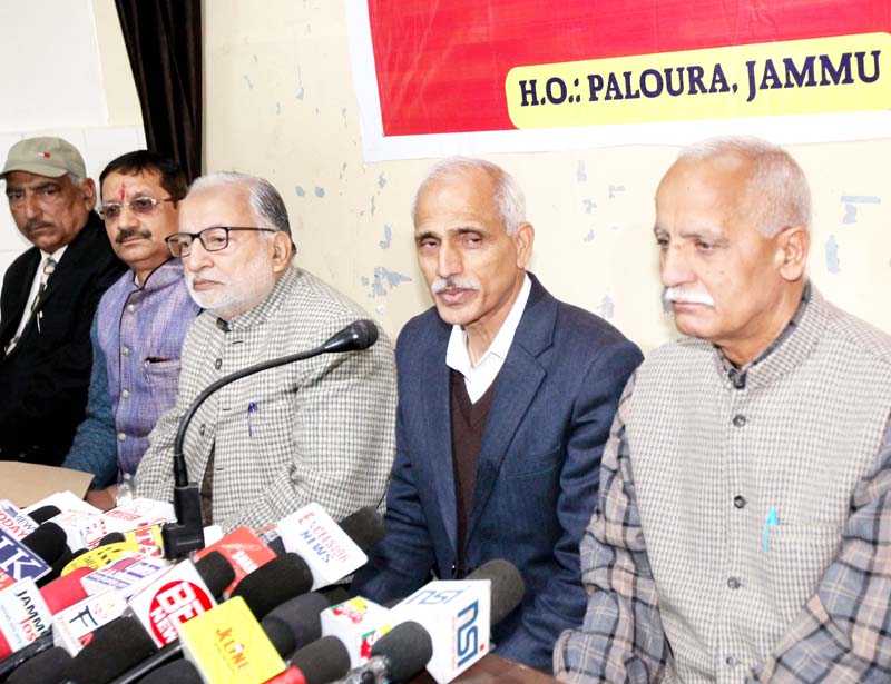 Kisan Sabha leaders addressing a press conference at Jammu on Sunday. -Excelsior/Rakesh Kisan Sabha leaders addressing a press conference at Jammu on Sunday. -Excelsior/Rakesh