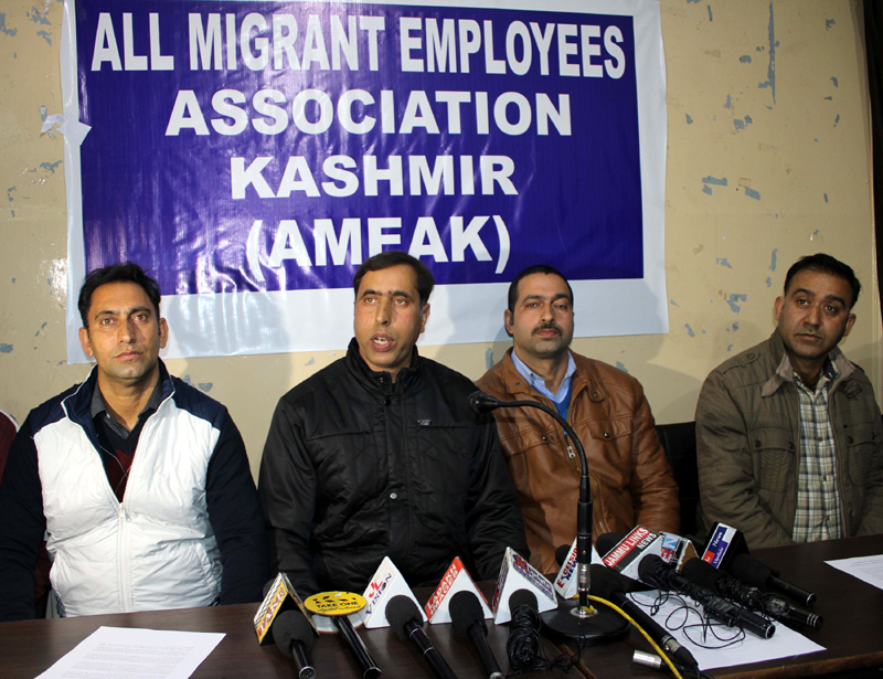 Members of AMEAK addressing a press conference at Jammu on Tuesday. -Excelsior/Rakesh Members of AMEAK addressing a press conference at Jammu on Tuesday. -Excelsior/Rakesh