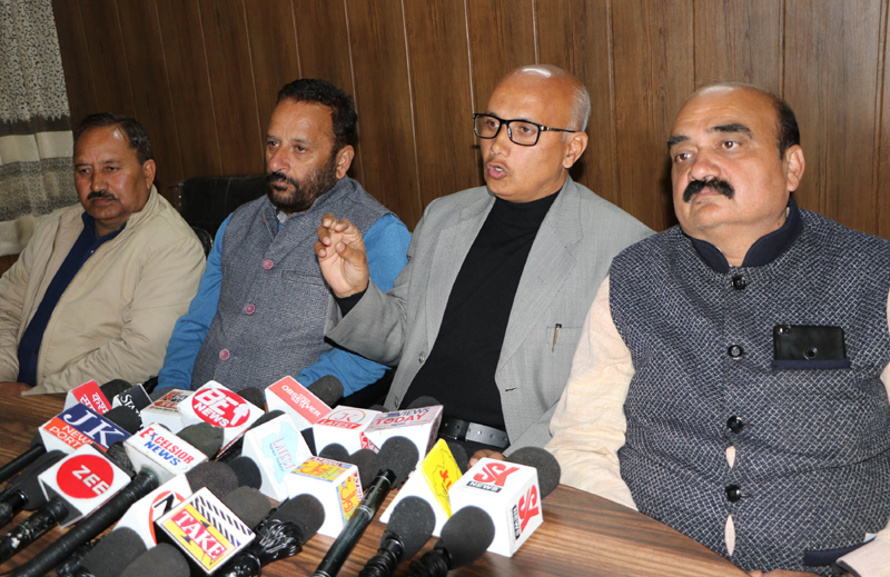 Chairman of JMC’s House Committee for Building Schemes, Rajinder Sharma addressing a press conference at Jammu on Thursday. Chairman of JMC’s House Committee for Building Schemes, Rajinder Sharma addressing a press conference at Jammu on Thursday.