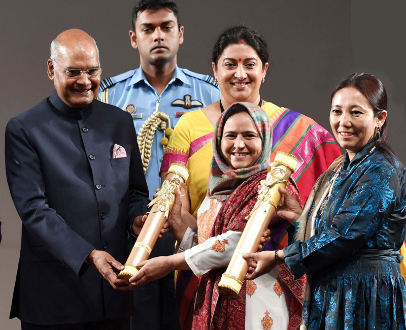 President Ram Nath Kovind giving ‘Nari Shakti Puraskar’ to Arifa Jan and Nilza Wangmo in New Delhi on Sunday. President Ram Nath Kovind giving ‘Nari Shakti Puraskar’ to Arifa Jan and Nilza Wangmo in New Delhi on Sunday.