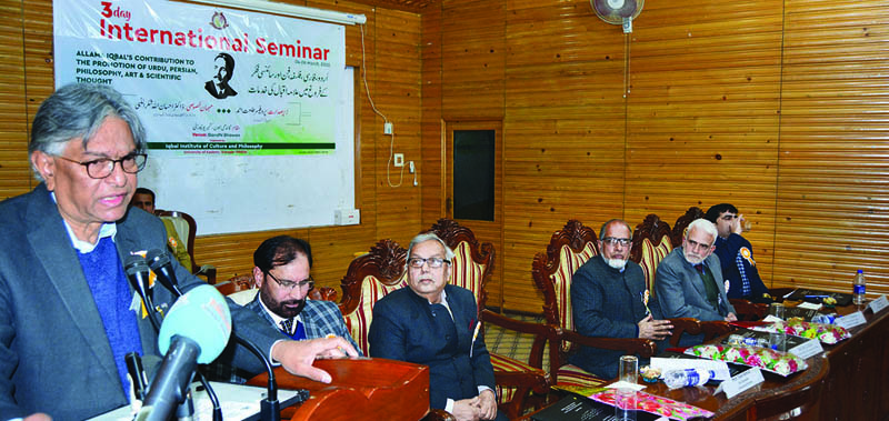 KU Vice Chancellor Prof Talat Ahmad delivering presidential address at inaugural of 3-day international seminar on Allama Iqbal on Wednesday. KU Vice Chancellor Prof Talat Ahmad delivering presidential address at inaugural of 3-day international seminar on Allama Iqbal on Wednesday.