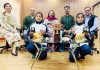 Fencer Riya and Judoka Shikha posing along with VC CLUJ and other dignitaries during felicitation function in Jammu on Wednesday.
