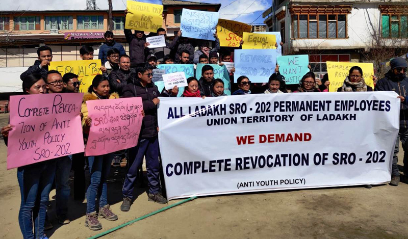 Employees protesting at Leh on Sunday. —Excelsior/Morup Stanzin Employees protesting at Leh on Sunday. —Excelsior/Morup Stanzin