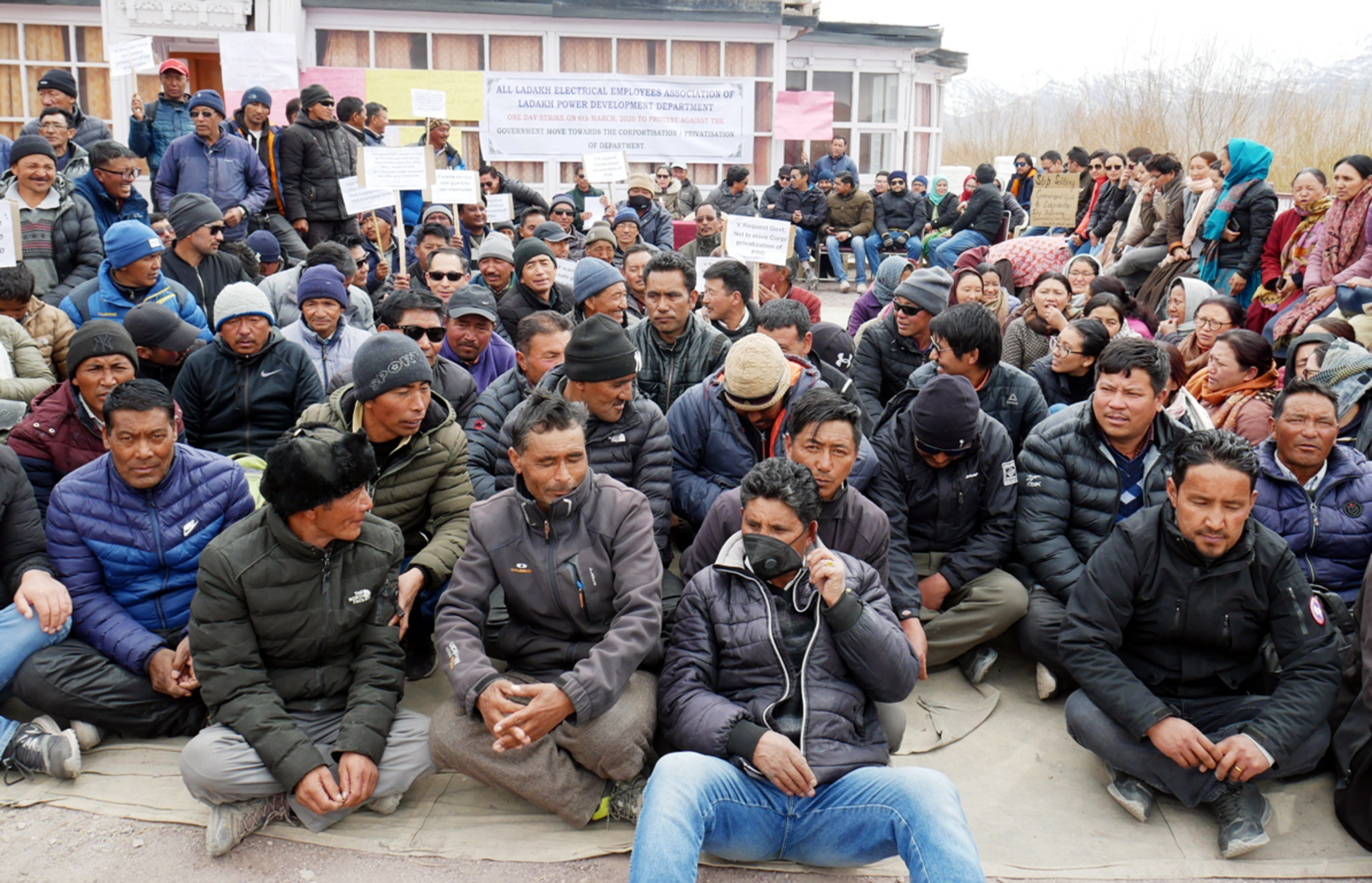 Ladakh power employees staging protest on Friday. -Excelsior/Morup Stanzin Ladakh power employees staging protest on Friday. -Excelsior/Morup Stanzin