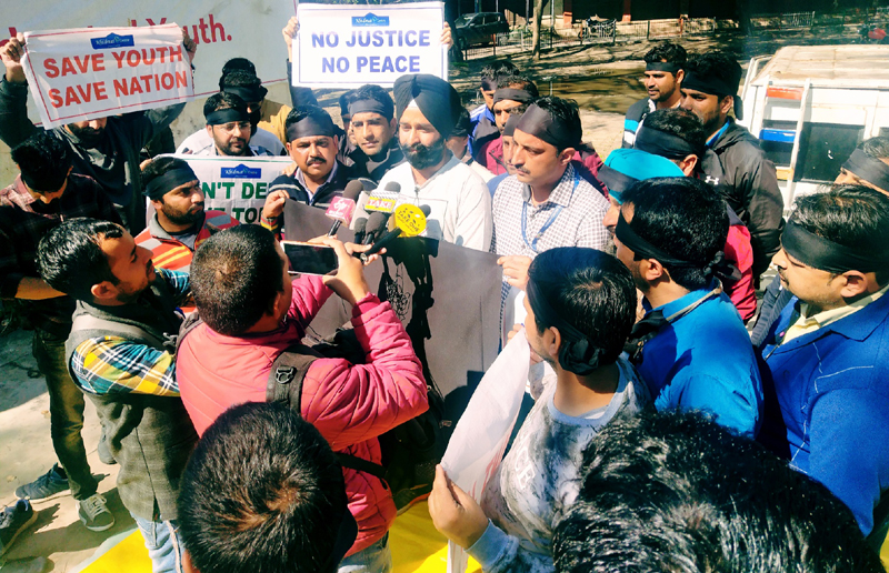 Protestors of Khidmat Centres addressing media persons during the ongoing protest in Jammu. Protestors of Khidmat Centres addressing media persons during the ongoing protest in Jammu.