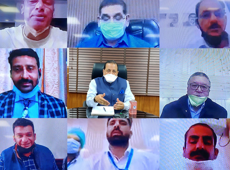 Union Minister Dr. Jitendra Singh holding video conference interaction with Councillors and Municipal body representatives from across Jammu and Kashmir, on Wednesday. Union Minister Dr. Jitendra Singh holding video conference interaction with Councillors and Municipal body representatives from across Jammu and Kashmir, on Wednesday.