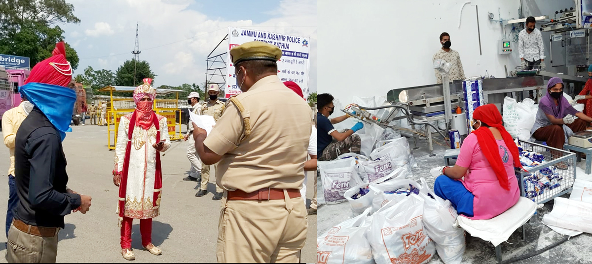 Bridegroom from Punjab not allowed to cross Lakhanpur (left) and industrial workers resume work in Kathua on Wednesday (right). —Excelsior pics by Madan Magotra & Pradeep Sharma Bridegroom from Punjab not allowed to cross Lakhanpur (left) and industrial workers resume work in Kathua on Wednesday (right). —Excelsior pics by Madan Magotra & Pradeep Sharma