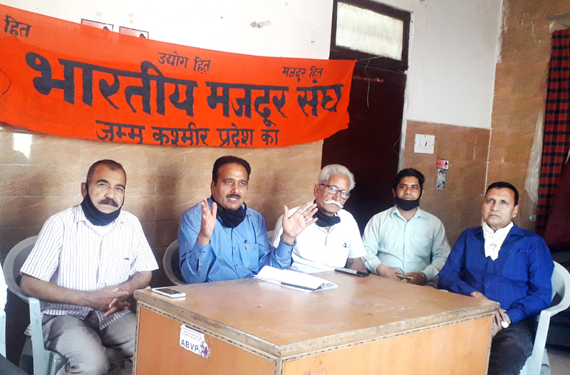 BMS leaders during a press conference at Jammu. BMS leaders during a press conference at Jammu.