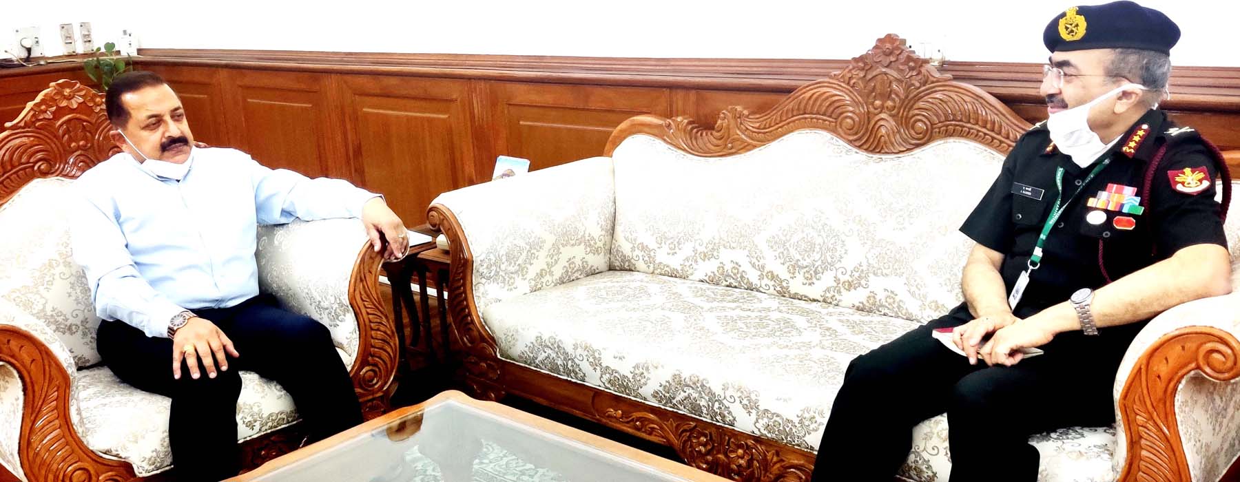 Union Minister Dr Jitendra Singh being updated about the COVID related facilities set up by Armed Forces Medical Services (AFMS) in Jammu & Kashmir and Northeast by Director General AFMS, Lt Gen Anup Banerji, at New Delhi on Monday. Union Minister Dr Jitendra Singh being updated about the COVID related facilities set up by Armed Forces Medical Services (AFMS) in Jammu & Kashmir and Northeast by Director General AFMS, Lt Gen Anup Banerji, at New Delhi on Monday.