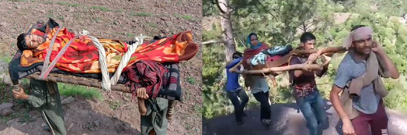 A patient and new mother being carried on shoulders due to no road connectivity. A patient and new mother being carried on shoulders due to no road connectivity.