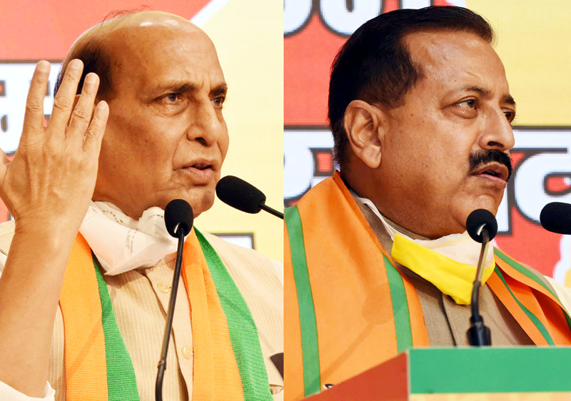 Defence Minister, Rajnath Singh and Dr Jitendra Singh, Minister of State for the Ministry of Development of North Eastern Region addressing the Jammu and Kashmir Jan- Samvad, a virtual rally at BJP headquarters in New Delhi on Sunday. (UNI) Defence Minister, Rajnath Singh and Dr Jitendra Singh, Minister of State for the Ministry of Development of North Eastern Region addressing the Jammu and Kashmir Jan- Samvad, a virtual rally at BJP headquarters in New Delhi on Sunday. (UNI)