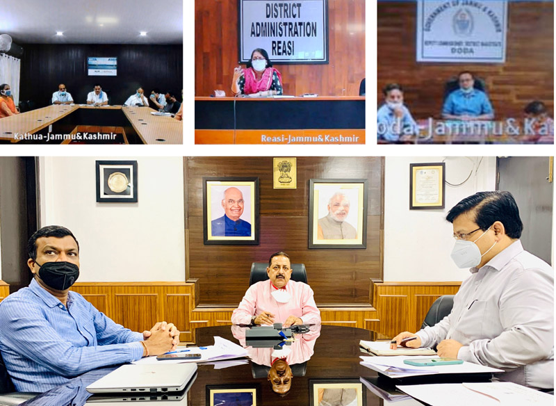 Union Minister Dr Jitendra Singh reviewing the healthcare facility in a virtual meeting with Deputy Commissioners, Chief Medical Officers and beneficiaries of Ayushman Bharat in Udhampur-Kathua-Doda Lok Sabha constituency, on Wednesday. Union Minister Dr Jitendra Singh reviewing the healthcare facility in a virtual meeting with Deputy Commissioners, Chief Medical Officers and beneficiaries of Ayushman Bharat in Udhampur-Kathua-Doda Lok Sabha constituency, on Wednesday.