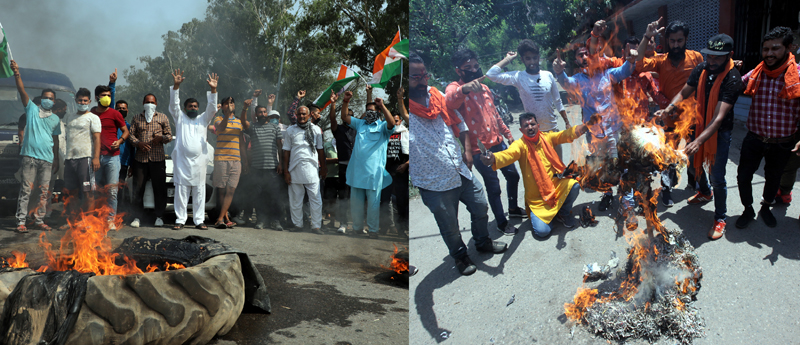 People staging protest against China on Akhnoor Road (left) and Bajrang Dal activists burning effigy of Chinese Government at Dogra Chowk, Jammu (right). -Excelsior/Rakesh People staging protest against China on Akhnoor Road (left) and Bajrang Dal activists burning effigy of Chinese Government at Dogra Chowk, Jammu (right). -Excelsior/Rakesh