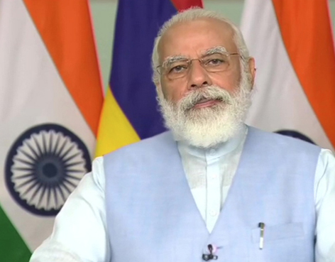 PM Narendra Modi during inauguration of the new Supreme Court building of Mauritius through video conferencing.