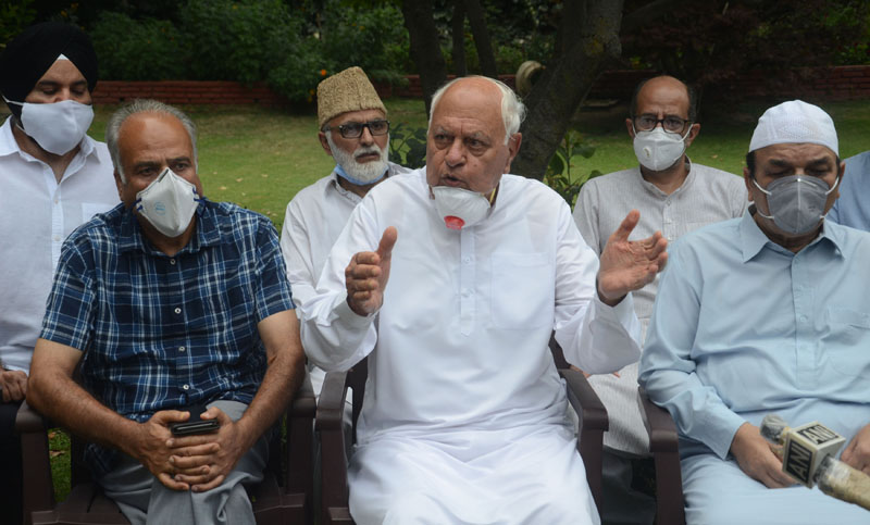 National Conference president Dr Farooq Abdullah addressing a press conference after a party meeting in Srinagar on Thursday. -Excelsior/Shakeel National Conference president Dr Farooq Abdullah addressing a press conference after a party meeting in Srinagar on Thursday. -Excelsior/Shakeel