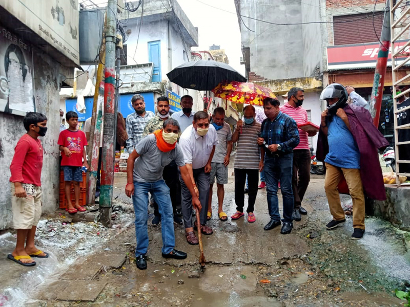 Mayor JMC, Chander Mohan Gupta kick starting development works in Shakti Nagar on Friday. Mayor JMC, Chander Mohan Gupta kick starting development works in Shakti Nagar on Friday.
