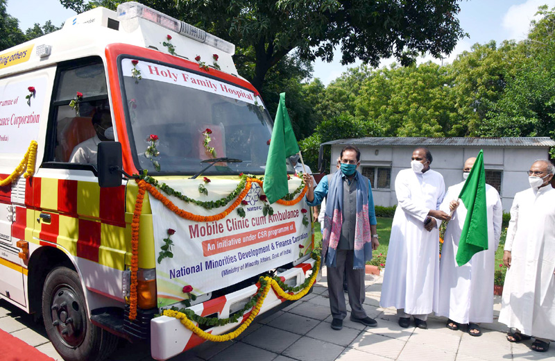 Union Minister for Minority Affairs, Mukhtar Abbas Naqvi flagging off a mobile clinic, equipped with latest health care facilities, given by the Ministry of Minority Affairs’ National Minorities Development and Finance Corporation (NMDFC), to Holy Family Hospital, in New Delhi on Monday. Union Minister for Minority Affairs, Mukhtar Abbas Naqvi flagging off a mobile clinic, equipped with latest health care facilities, given by the Ministry of Minority Affairs’ National Minorities Development and Finance Corporation (NMDFC), to Holy Family Hospital, in New Delhi on Monday.