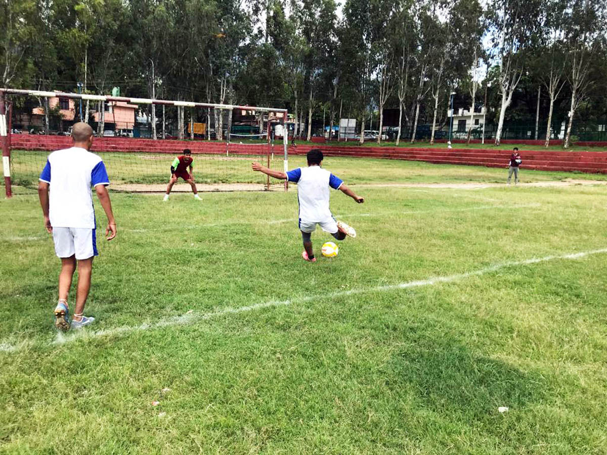 Footballers in action during match at Zorawar Singh Sports Complex Reasi. Footballers in action during match at Zorawar Singh Sports Complex Reasi.