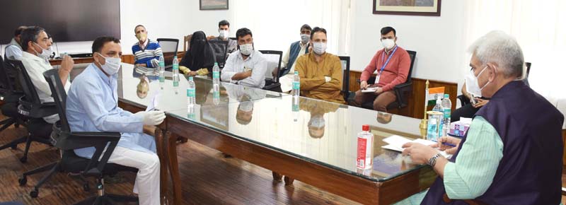 Lt Governor, Manoj Sinha interacting with a delegation from Shopian. Lt Governor, Manoj Sinha interacting with a delegation from Shopian.