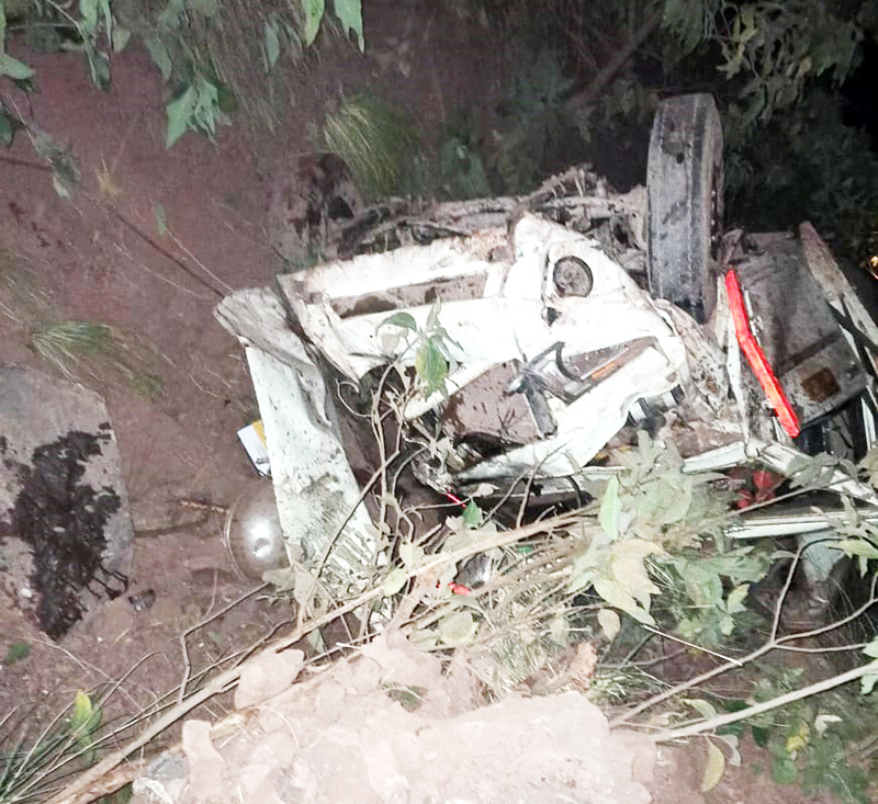 Wreckage of Mahindra mini-load carrier which rolled down into a deep gorge in Arnas area of Reasi on Friday. -Excelsior/Ramesh Mengi Wreckage of Mahindra mini-load carrier which rolled down into a deep gorge in Arnas area of Reasi on Friday. -Excelsior/Ramesh Mengi