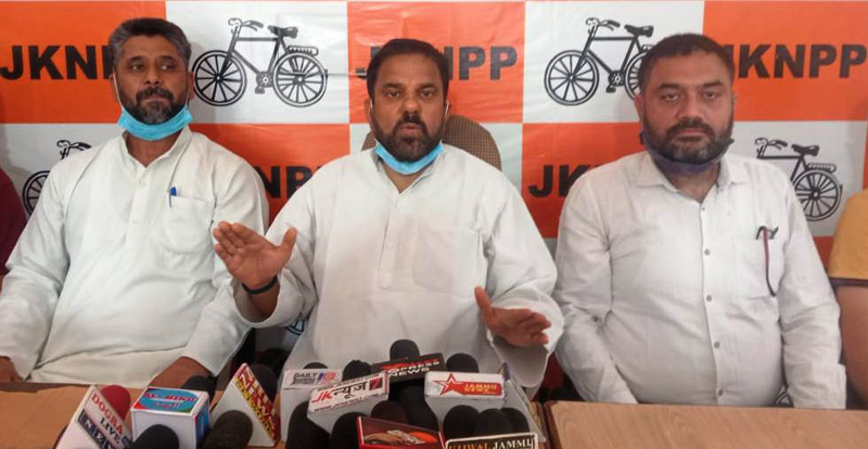 NPP chairman Harshdev Singh addressing press conference in Jammu. NPP chairman Harshdev Singh addressing press conference in Jammu.