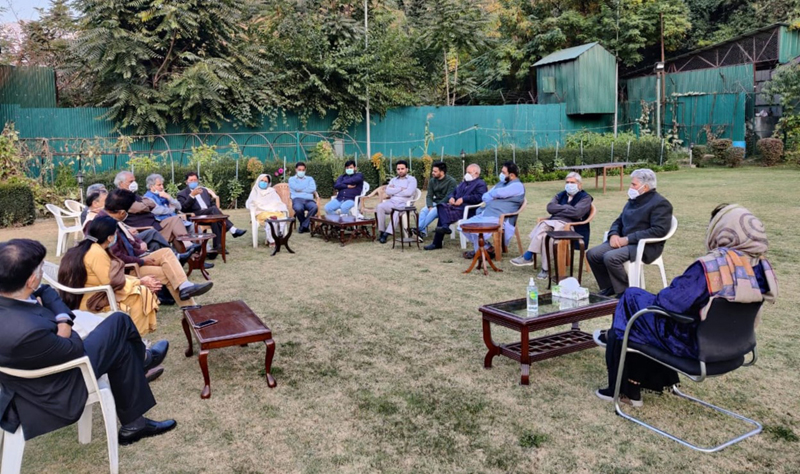 Mehbooba Mufti chairing a meeting of top party leadership at Fairview, Srinagar. -Excelsior/Shakeel