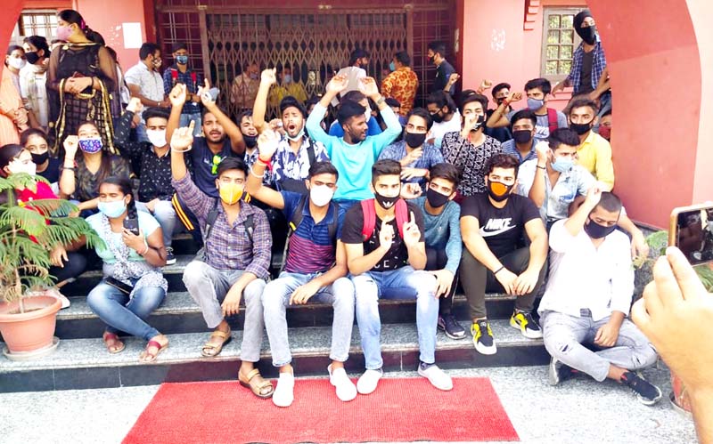 Students raising slogans during protest at Jammu on Thursday. Students raising slogans during protest at Jammu on Thursday.