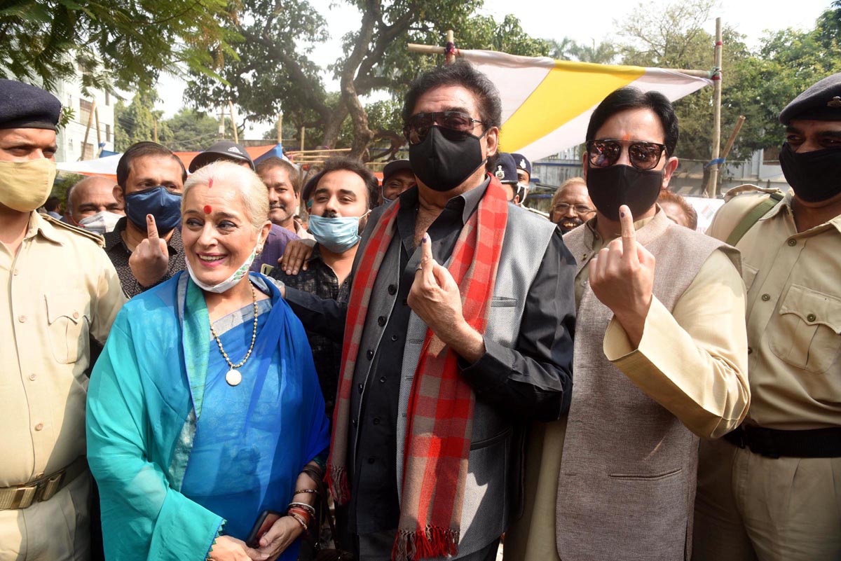 Congress leader Shatrughan Sinha with son and Congress candidate from Bankipur assembly seat Luv Sinha and wife Poonam Sinha coming out after casting the vote at a polling station during the second phase of state elections in Patna on Tuesday. (UNI) Congress leader Shatrughan Sinha with son and Congress candidate from Bankipur assembly seat Luv Sinha and wife Poonam Sinha coming out after casting the vote at a polling station during the second phase of state elections in Patna on Tuesday. (UNI)