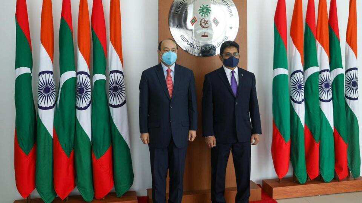 Foreign Secretary Harsh Vardhan Shringla with Maldives Foreign Secretary Abdul Ghafoor. Foreign Secretary Harsh Vardhan Shringla with Maldives Foreign Secretary Abdul Ghafoor.