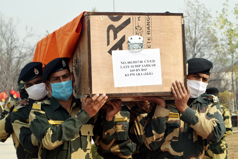 Wreath laying ceremony of BSF jawan who was killed along LoC at Machil sector in Kupwara. -Excelsior/Shakeel Wreath laying ceremony of BSF jawan who was killed along LoC at Machil sector in Kupwara. -Excelsior/Shakeel