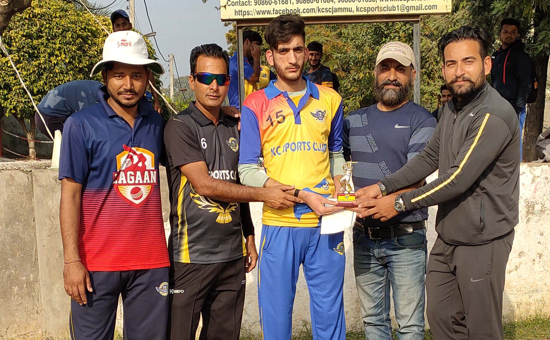 Dignitaries presenting trophy to a player after the match at KC Sports Club Ground Jammu. Dignitaries presenting trophy to a player after the match at KC Sports Club Ground Jammu.